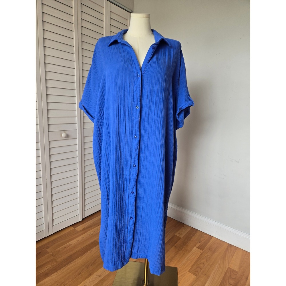 LL Bean Royal Blue Double Gauze Cotton Maxi Shirt Dress 2X Coastal Mediterranean